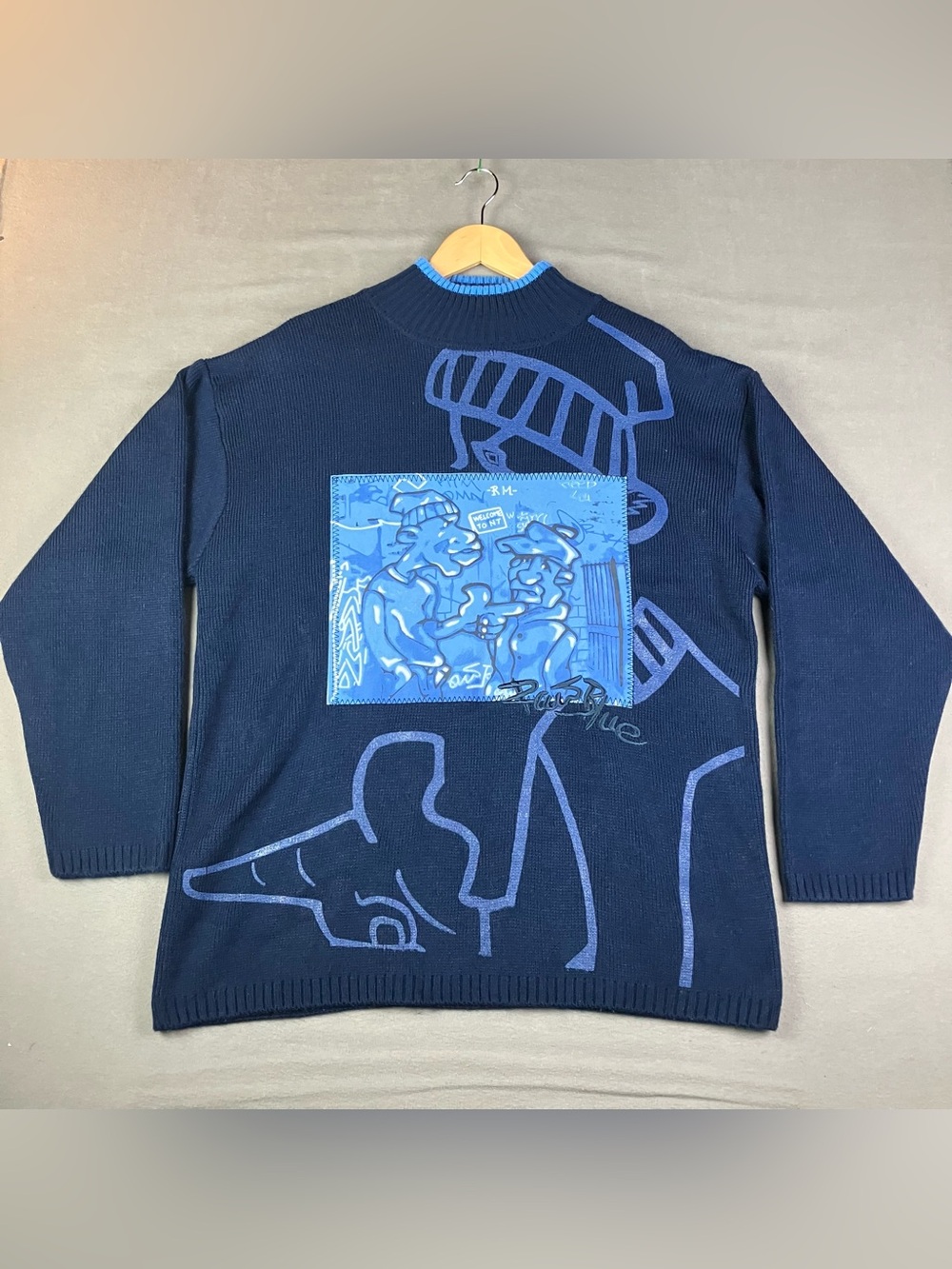 Vintage Raw Blue Men’s Size L? Crewneck Sweater Navy Blue Graffiti Hip Hop Logo.